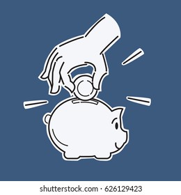Hand putting money coin in piggy bank, business concept illustration in saving money, earning, or investment. Line draw sketching style. 