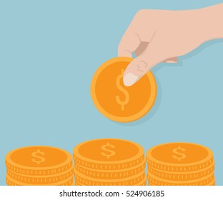Hand Putting Money Coin To Money Stack Vector Illustration