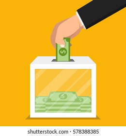 Hand Putting Money In Donation Box. Flat Vector Illustration.