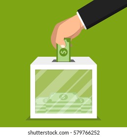 Hand Putting Money In Donation Box. Flat Vector Illustration.