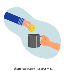 Hand putting money in to the donation cup in flat design. Time for charity concept vector illustration on white background. Kindness to poverty.