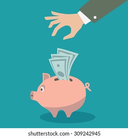 Hand putting money into the piggy bank. Vector illustration. Savings concept. 