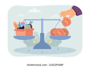 Hand putting money on balance scale with food box and coins. Person measuring price of grocery products flat vector illustration. Purchase concept for banner, website design or landing web page