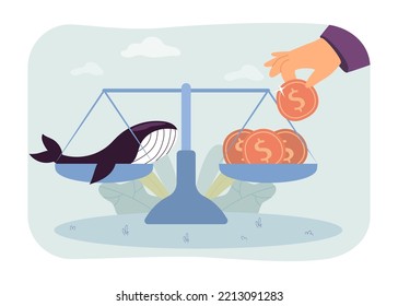 Hand putting money on balance scales with whale. Person measuring cost of environmental protection flat vector illustration. Nature, finance concept for banner, website design or landing web page