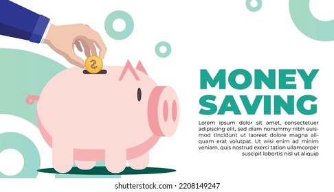 Hand putting money in the piggy bank. savings concept template. email finance template. coin going into piggy bank. saving money.	