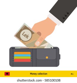 Hand putting money in the wallet. Albanian lek banknote vector illustration.