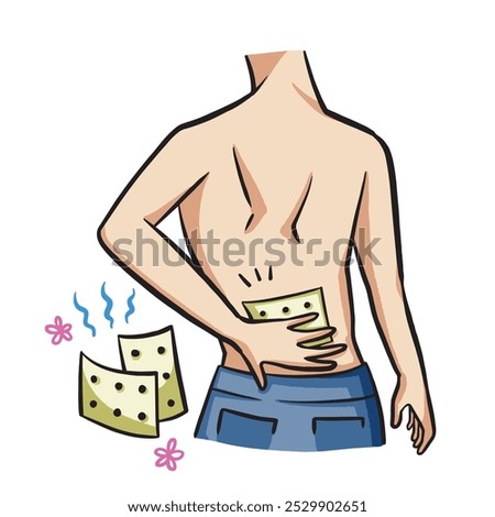 Hand putting pain relief patch or koyo on human back colorful illustration isolated on square white background. Simple flat cartoon art styled drawing.