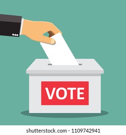 Hand putting paper in the ballot box - vector illustration.