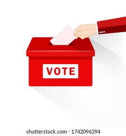 Hand putting paper in the ballot box. Voting concept in flat style on an isolated background. EPS 10 vector.