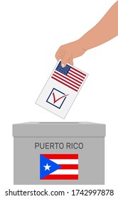 Hand putting paper in the ballot box. Vote in November to decide whether Puerto Rico should become a U.S. state