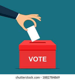 hand putting paper in the ballot box. Voting concept in flat style. vector