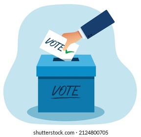 Hand, die Papier in die Wahlurne legt. Abstimmungskonzept