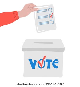 Hand putting paper in the ballot box.  Presidential Election of USA Campaign 2024. Political election campaign. Vector illustration