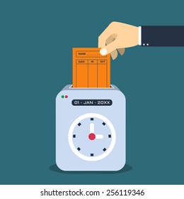 Hand putting  paper card in time recorder machine.  Flat style vector for time stamping  concept.  svg