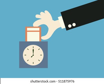 Hand putting paper card in time recorder machine. vector illustration.