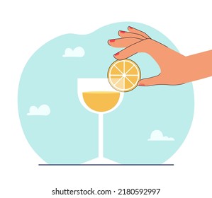 Hand putting piece of lemon on glass of juice or cocktail. Refreshing drink with or without alcohol flat vector illustration. Summer, beverage, recreation concept for banner or landing web page