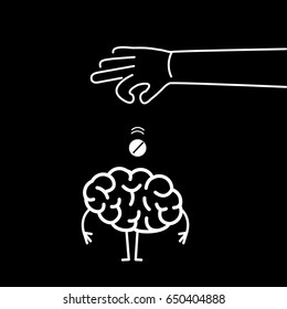 Hand putting pill inside brain. Vector concept illustration of intoxication or healing of brain and mind | flat design linear infographic icon white on black background