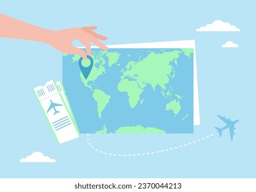 Hand putting pin icon on world map, airline tickets and airplane flying on blue background. Travel route planning. Flat vector illustration