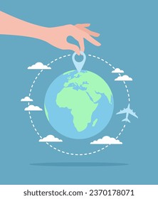 A hand putting a pin icon on the Earth globe and an airplane flying around. Flat vector illustration