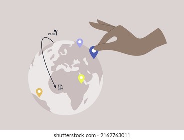 A hand putting pins on a globe, GPS navigation, geo location tracker