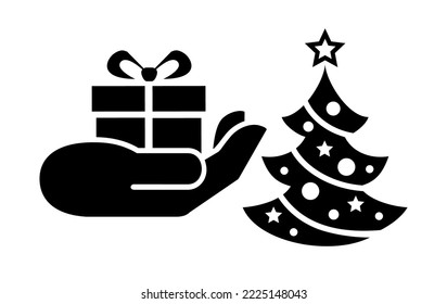 Hand putting present under Christmas tree. Christmas vector for web and print.