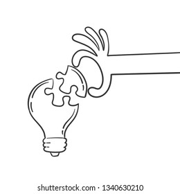Hand putting puzzle piece in light bulb form, concept of idea and solution, Business teamwork. Cartoon vector illustration.