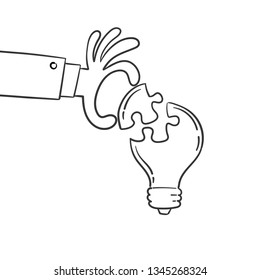 Hand putting puzzle piece in light bulb form, concept of idea and solution, Business teamwork. Cartoon vector illustration.