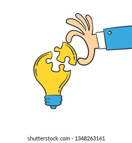 Hand putting puzzle piece in light bulb form, concept of idea and solution, Business teamwork. Cartoon vector illustration.