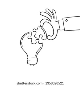 Hand putting puzzle piece in light bulb form, concept of idea and solution. Business teamwork. Cartoon vector illustration.