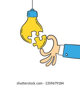 Hand putting puzzle piece in light bulb form, concept of idea and solution. Business teamwork. Cartoon vector illustration.