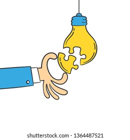 Hand putting puzzle piece in light bulb form, concept of idea and solution. Business teamwork. Cartoon vector illustration.