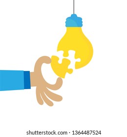 Hand putting puzzle piece in light bulb form, concept of idea and solution. Business teamwork. Cartoon vector illustration.
