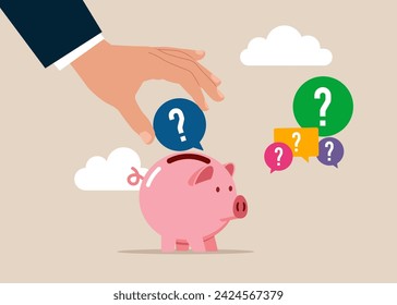 Hand putting question mark speech bubble a piggy bank. Confusion problem or doubt, lost in trouble or complexity. Modern vector illustration in flat style