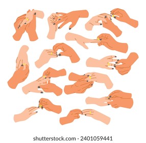 Hand Putting a Ring Finger set collection, marriage hands, Man putting a diamond ring on woman’s finger, Hand placing an engagement or wedding ring on a finger, vector illustration