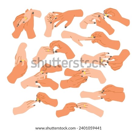 Hand Putting a Ring Finger set collection, marriage hands, Man putting a diamond ring on woman’s finger, Hand placing an engagement or wedding ring on a finger, vector illustration