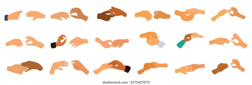 Hand putting ring icons set. Many hands putting rings on fingers during wedding ceremony