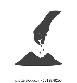 A hand is putting seeds on the ground isolated vector illustration on white background.