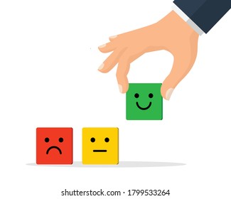 Hand poniendo un emoticono sonriente con emoción normal y triste. Concepto de encuesta de satisfacción del cliente. Empresario dando calificaciones con icono feliz. estilo plano de ilustración vectorial. aislado en fondo blanco.