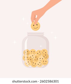 Hand putting a smiling emoji into a glass jar full of smiling emojis. Flat vector illustration