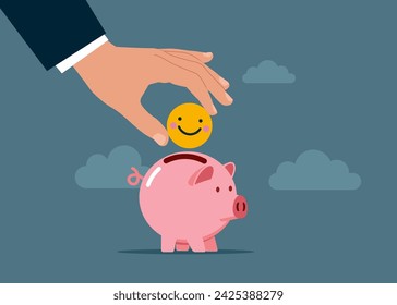 Hand putting smiling emoji a piggy bank. Work motivation. Employee happiness, job satisfaction. Modern vector illustration in flat style