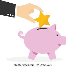 Hand putting star a piggy bank. Modern vector illustration in flat style

