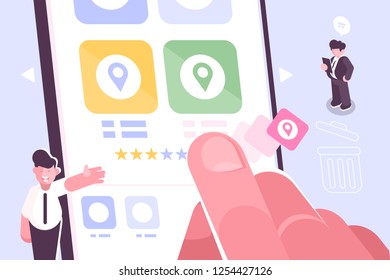 Hand putting star symbol to increase rating of app vector illustration. Modern gadget with open rate application on screen with three stars out of five possible. Feedback concept flat style design