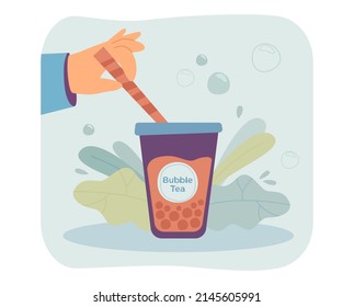 Hand putting straw in cup with bubble tea. Asian milk drink with tapioca or boba balls flat vector illustration. Beverage, refreshment concept for banner, website design or landing web page