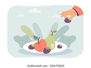 Hand putting sweet berry in plate with fresh organic fruit. Healthy food diet for person flat vector illustration. Nutrition, vegetarian dessert concept for banner, website design or landing web page