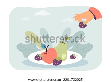 Hand putting sweet berry in plate with fresh organic fruit. Healthy food diet for person flat vector illustration. Nutrition, vegetarian dessert concept for banner, website design or landing web page