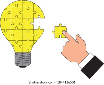 Eine Hand, die ein Glühbirnenpuzzle zusammenfügt. Konzept der Idee. Vektorgrafik.