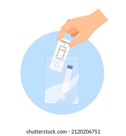 Hand is putting a used Rapid Antigen Test kit with negative result into plastic bag. Concept of disposal contaminated or infectious wastes. Flat vector illustration.