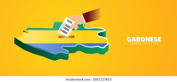 Hand putting vote in 3D flag map Gabonese general election vector poster