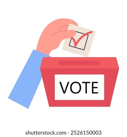 Hand putting a vote ballot in the election box. Presidential campaign concept. Voting, election 2024. Vector illustration.