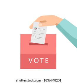 Hand putting vote bulletin into vote box isolated on white background. Vector flat illustration. Election concept. Design for for, landing page, web, ui, banner, flyer, poster, template, background